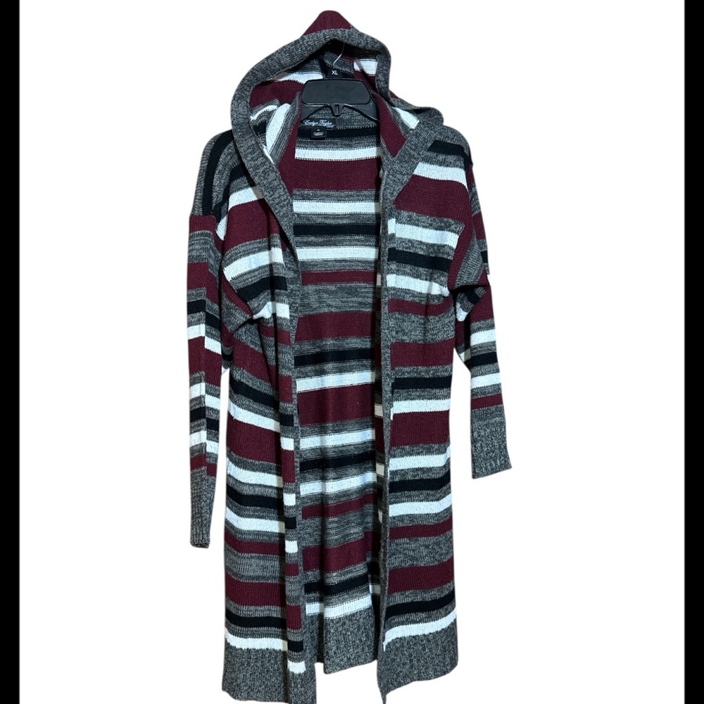Striped Hooded Open-Front Cardigan in Burgundy and Gray